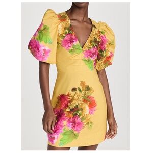 Cara Cara Aliza Yellow Floral Cream Gold Mini Dress Puff Sleeve - Size 4
